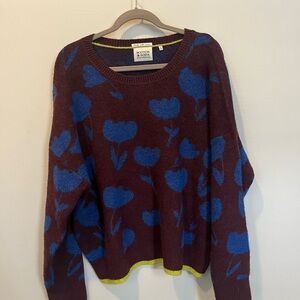 Scotch & Soda Burgundy Crewneck Sweater with Blue Floral Motif